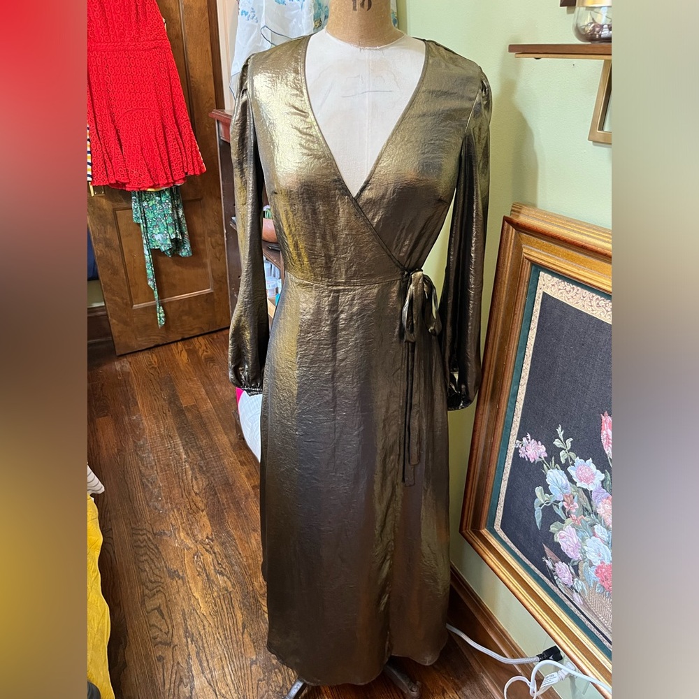 & Other Stories gold lamé midi wrap cocktail dress